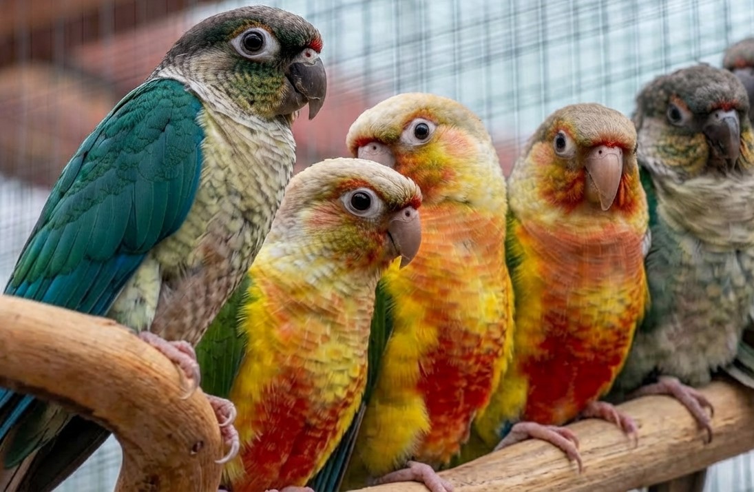 A group of Green Cheek Conures in different colour mutations perched together